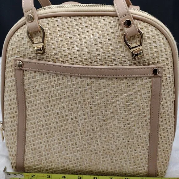 Miztique Daisy Bamboo Backpack Purse Convertible Adjustable Straps Beige & Gold - Picture 7 of 9